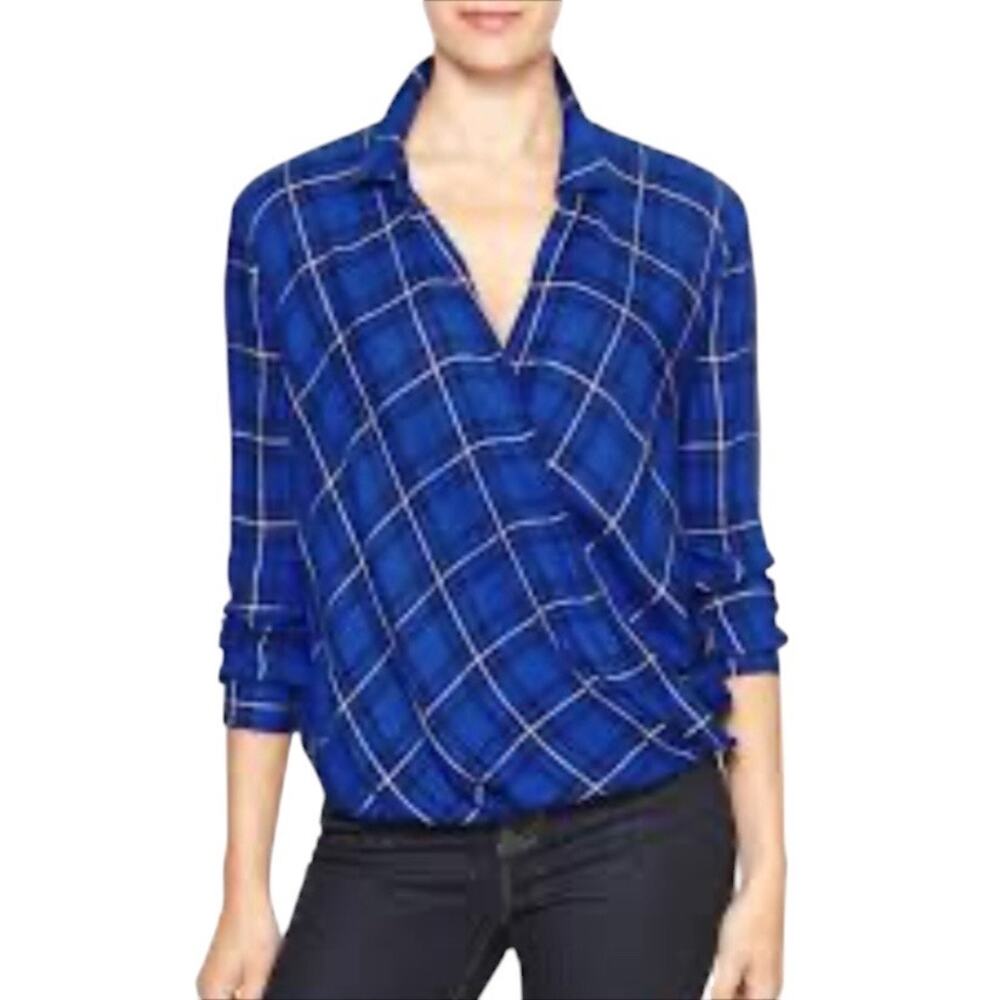 GAP Blue Plaid Print Wrap Front Long Sleeve Top Blouse Size Medium